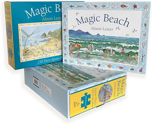 The image shows a box of 'Magic Beach' jigsaw puzzle alongside its packaging which features an illustration of a beach scene. The puzzle pieces are visible in the box.