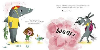 Illustration from a children's book with a shark, a girl, a bird, and a donkey with a flower.