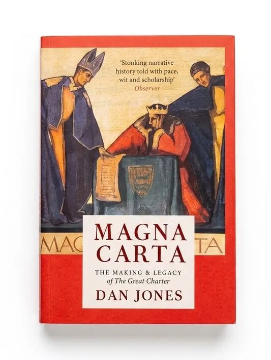 The book cover of 'Magna Carta: The Making & Legacy of The Great Charter' by Dan Jones, featuring a red border and an illustration of medieval figures in blue and red robes.