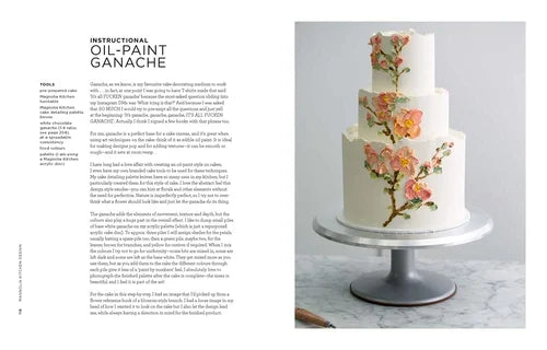Three-tiered wedding cake with floral design on a marble surface, accompanied by text on the left.