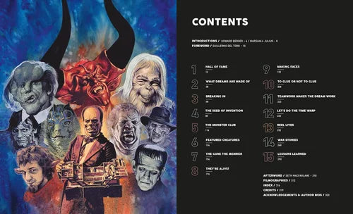 Book cover with artistic illustrations of faces and a table of contents on the right.