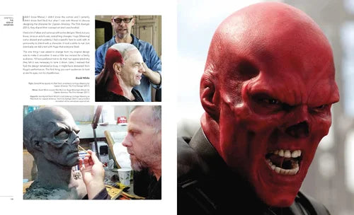 Collage of a person with red makeup and a close-up of their face, with text on the left.
