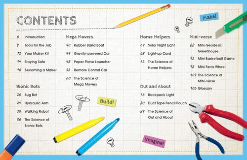 Table of contents for a DIY or STEM kit with tools and materials listed.