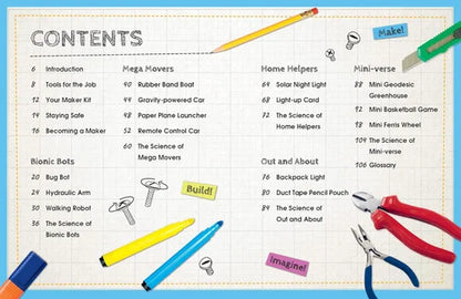 Table of contents for a DIY or STEM kit with tools and materials listed.