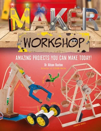 Book cover of 'Maker Workshop' with wooden models and colorful text on a red background