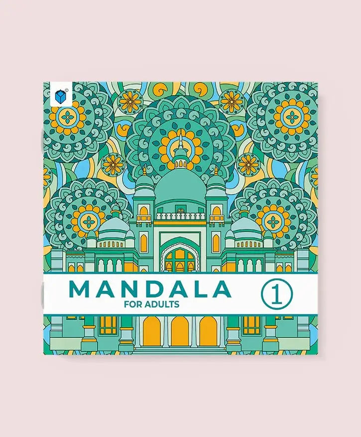 A square mandala coloring book cover for adults, featuring a detailed teal, green, and yellow architectural mandala design with the title 'MANDALA FOR ADULTS' and a large number 1 on a white banner across the bottom, set against a solid pale pink background.