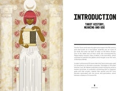 Illustration of a woman with a white headscarf and red hair, standing against a beige background with text on history.