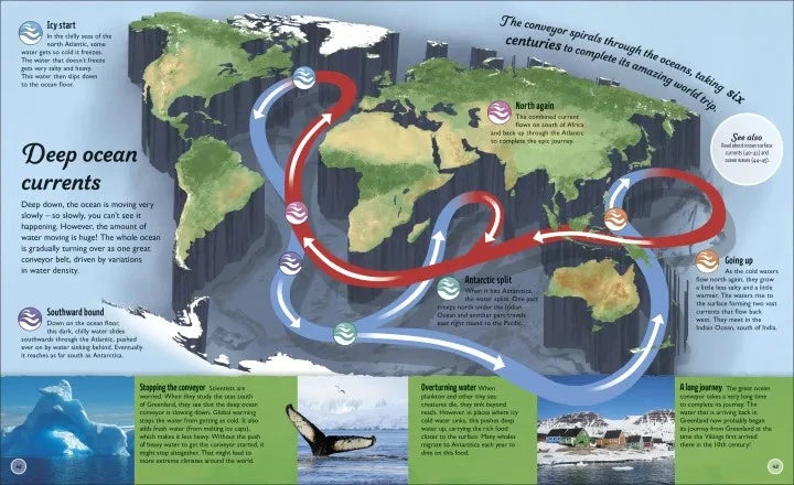 Map of ocean currents with labeled paths and descriptive text on a world map background.