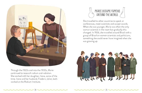 Illustrated book page about a woman scientist traveling and speaking at conferences.