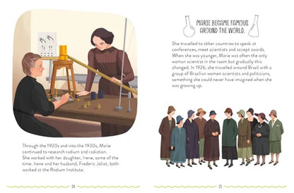 Illustrated book page about a woman scientist traveling and speaking at conferences.