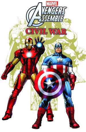 Two superhero characters standing side by side with 'Marvel Avengers Assemble Civil War' text and logo.