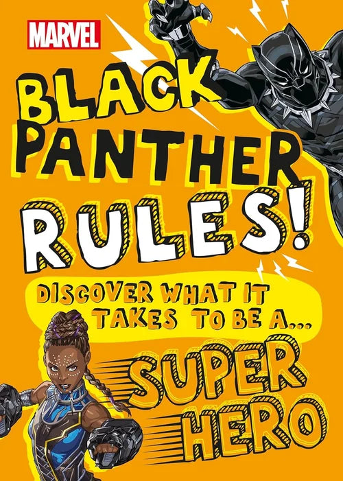 Book cover of 'Black Panther Rules!' featuring Black Panther and a superhero on an orange background.