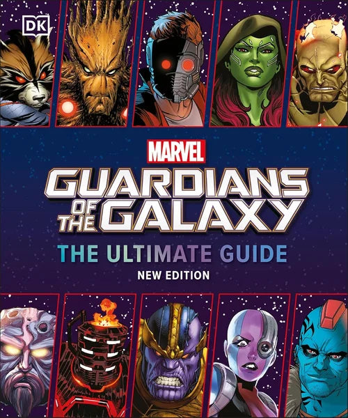 Book cover of 'Marvel Guardians of the Galaxy: The Ultimate Guide' with character illustrations on a dark blue background.