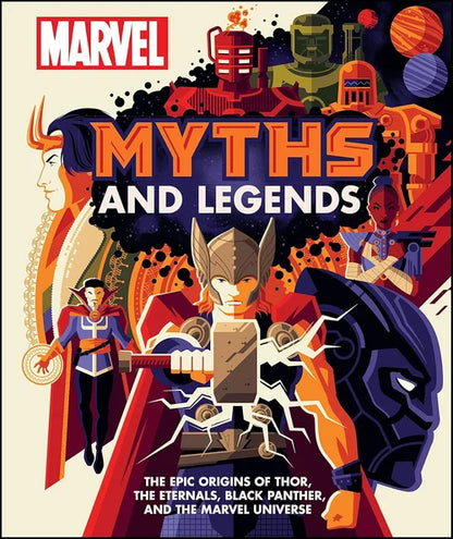 Book cover of 'Marvel Myths and Legends' featuring superhero characters and Marvel logo.
