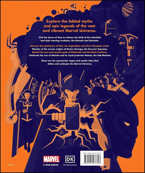 Marvel-themed book cover with superhero illustrations and text on an orange and blue background