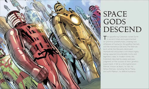 Illustration of futuristic robots with a text overlay about 'Space Gods Descend'.