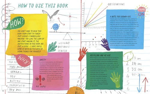 Educational book page with colorful text boxes and illustrations on a white background