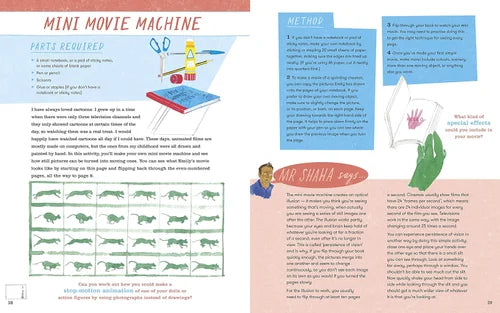 Instructional page from a book on creating a mini movie machine with illustrations and text.