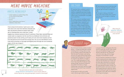 Instructional page from a book on creating a mini movie machine with illustrations and text.