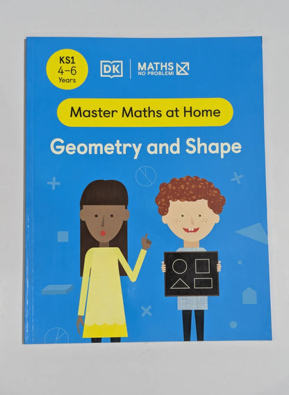 Book titled 'Master Maths at Home: Geometry and Shape' by DK on a gray background