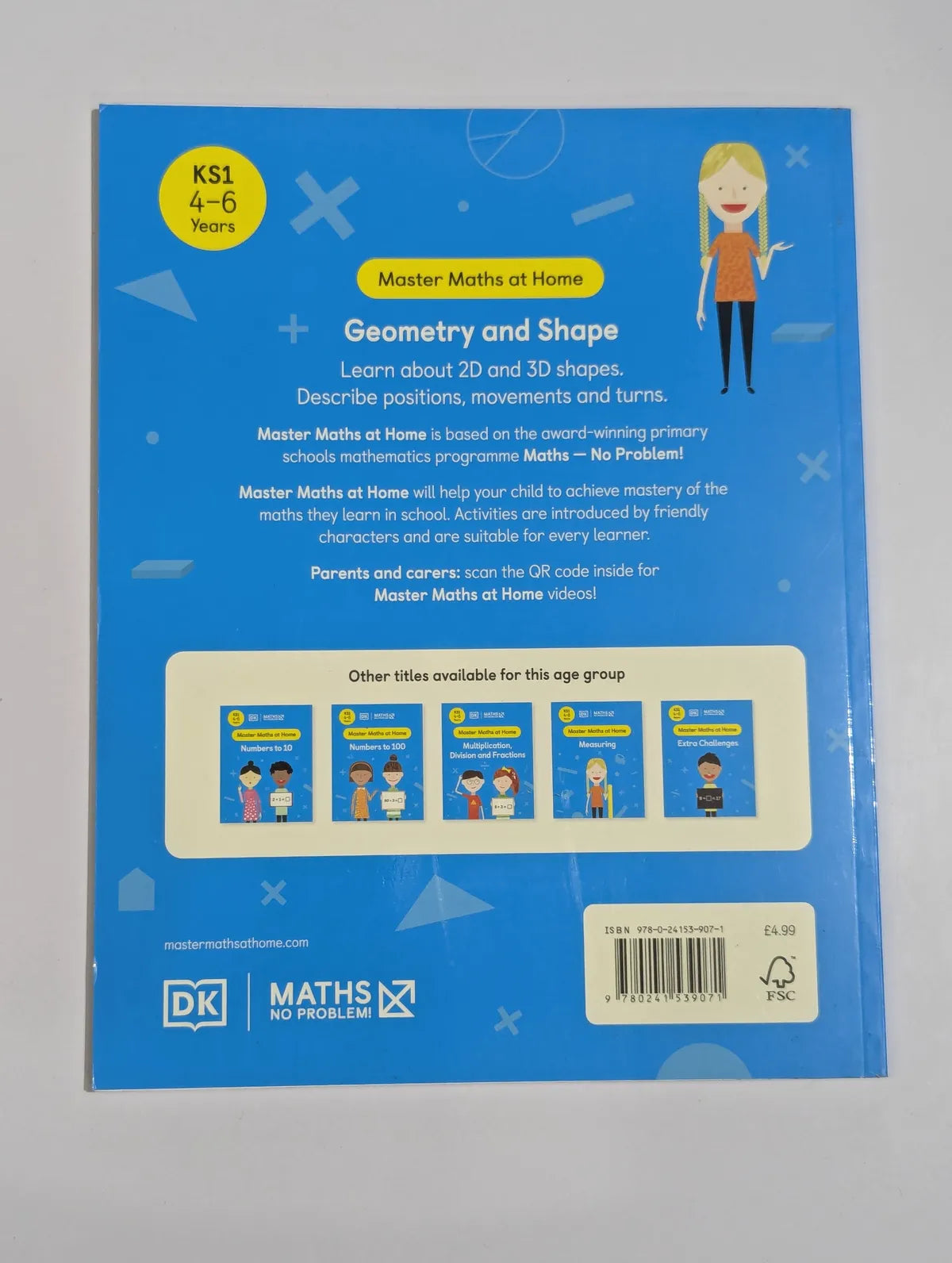 Back cover of a children's educational book on geometry and shape with DK and Maths No Problem branding.