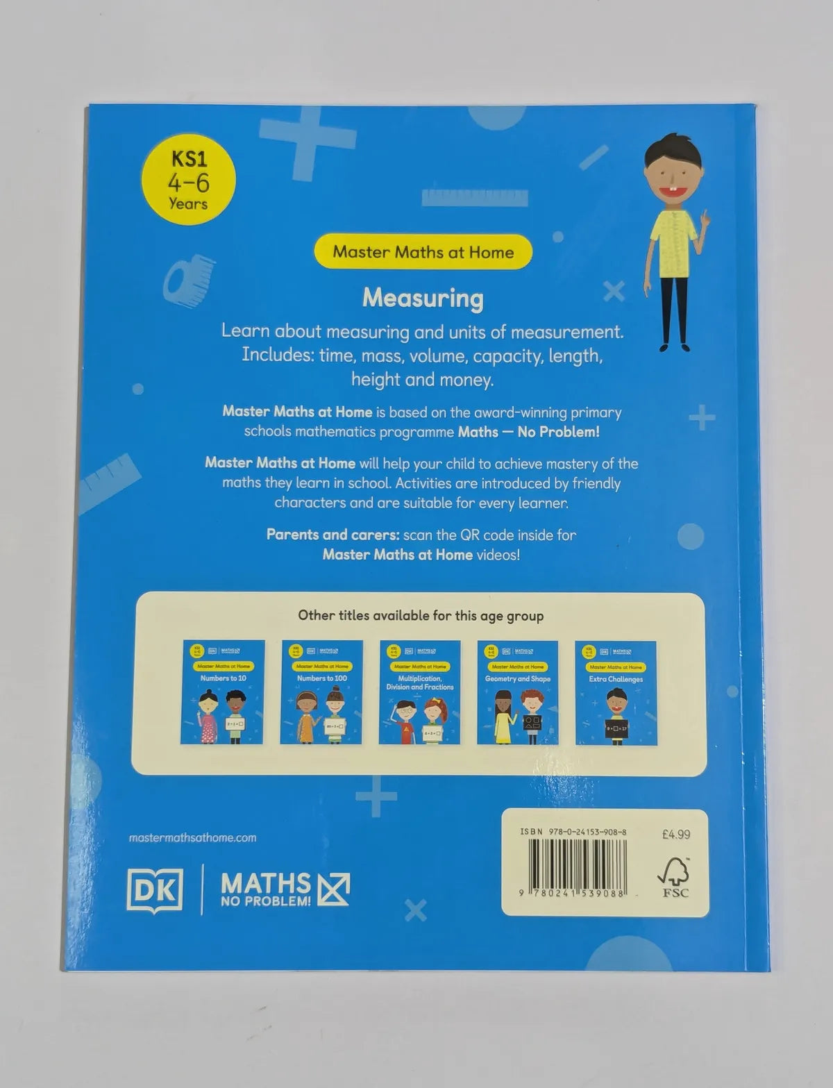 Back cover of a educational book for children on measurement, featuring DK and Maths No Problem logos.