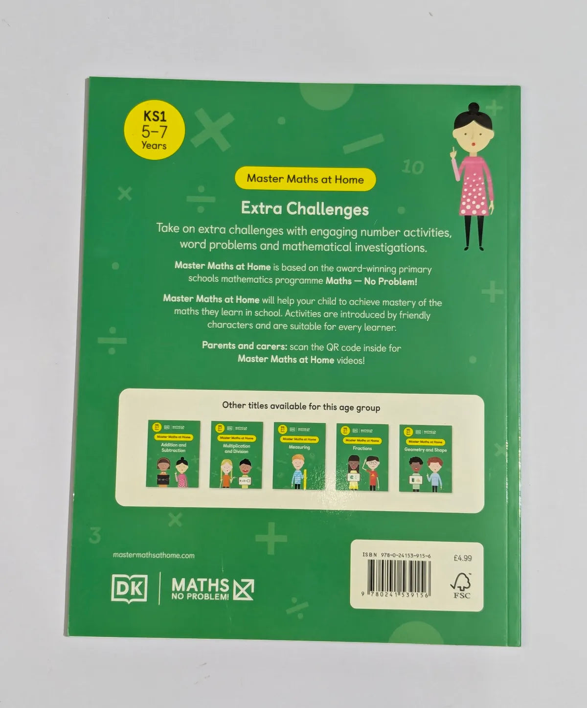 Back cover of a educational book for children with text and illustrations on a green background