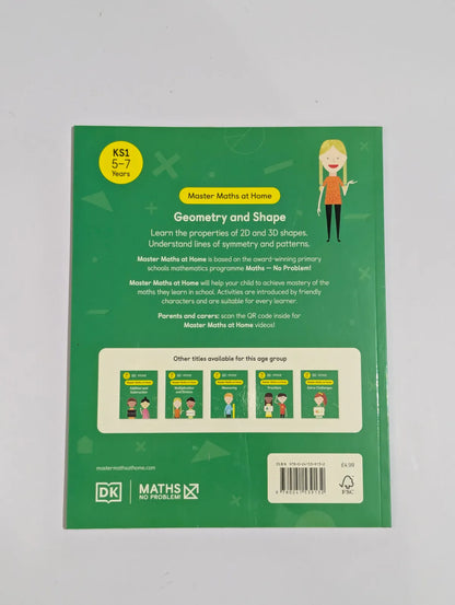 Back cover of a educational book on geometry and shapes with a green background and text.