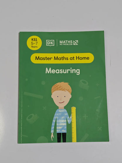 Book titled 'Master Maths at Home: Measuring' with a child illustration on a green background