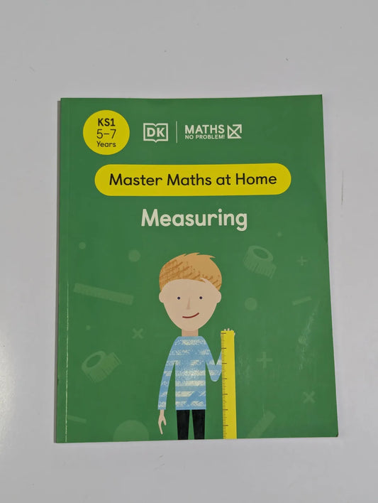 Book titled 'Master Maths at Home: Measuring' with a child illustration on a green background