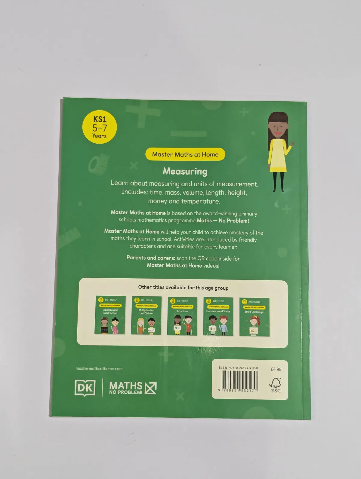 Back cover of a educational book with text and illustrations on a green background