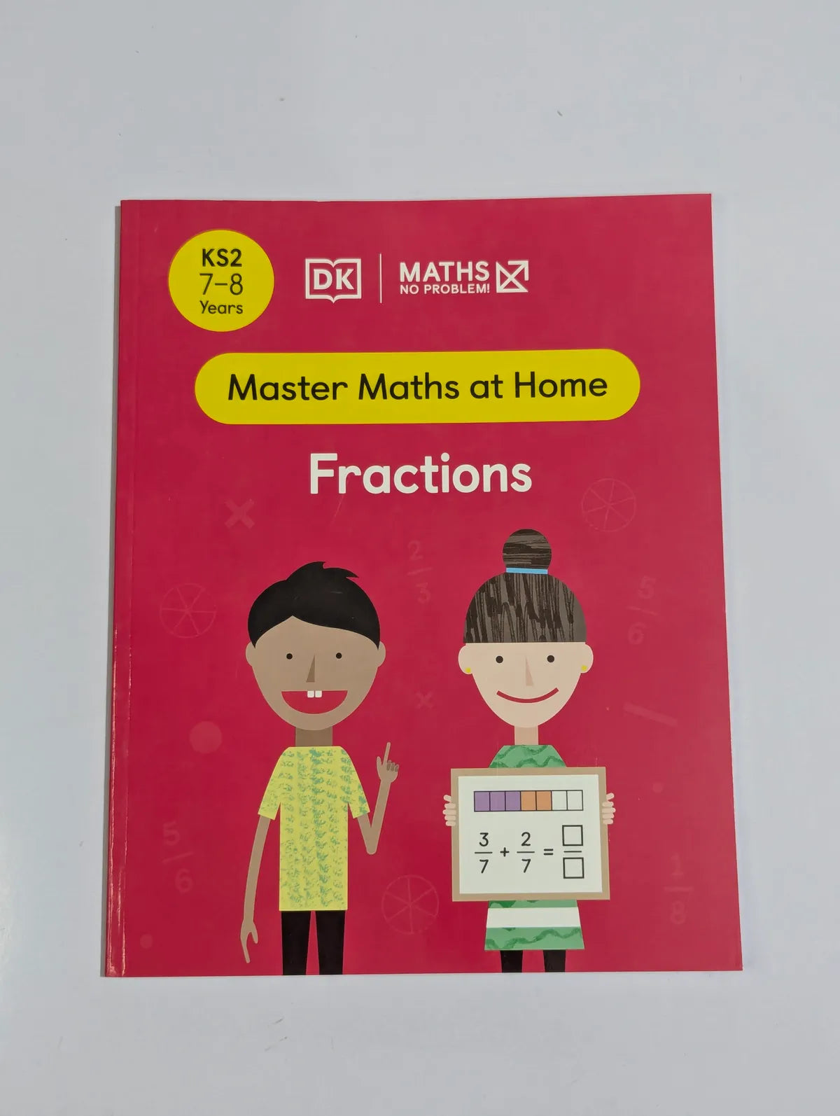 Book titled 'Master Maths at Home Fractions' with illustrations of two children on a red background.