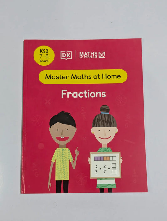 Book titled 'Master Maths at Home Fractions' with illustrations of two children on a red background.