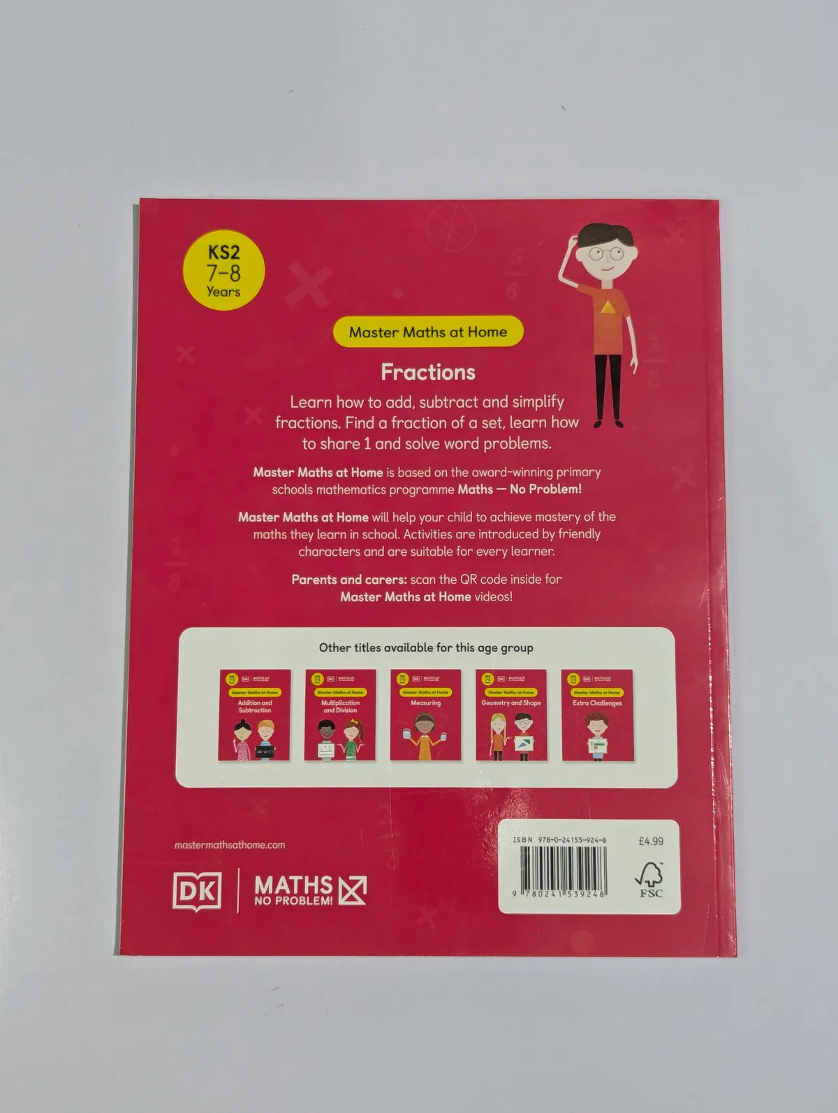 Back cover of a educational book on fractions with DK and Maths No Problem branding.