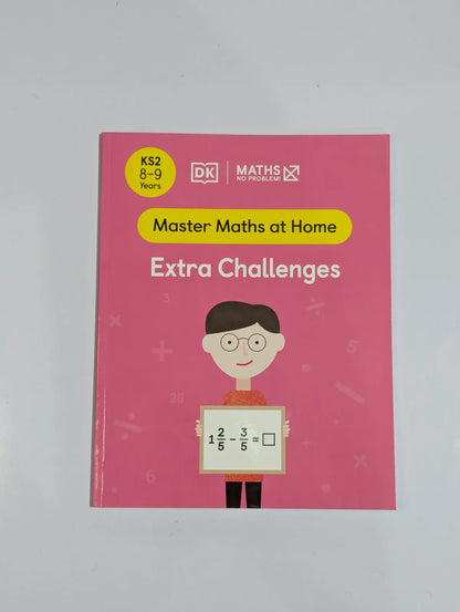 Book titled 'Master Maths at Home Extra Challenges' with a pink cover and DK logo on a gray background