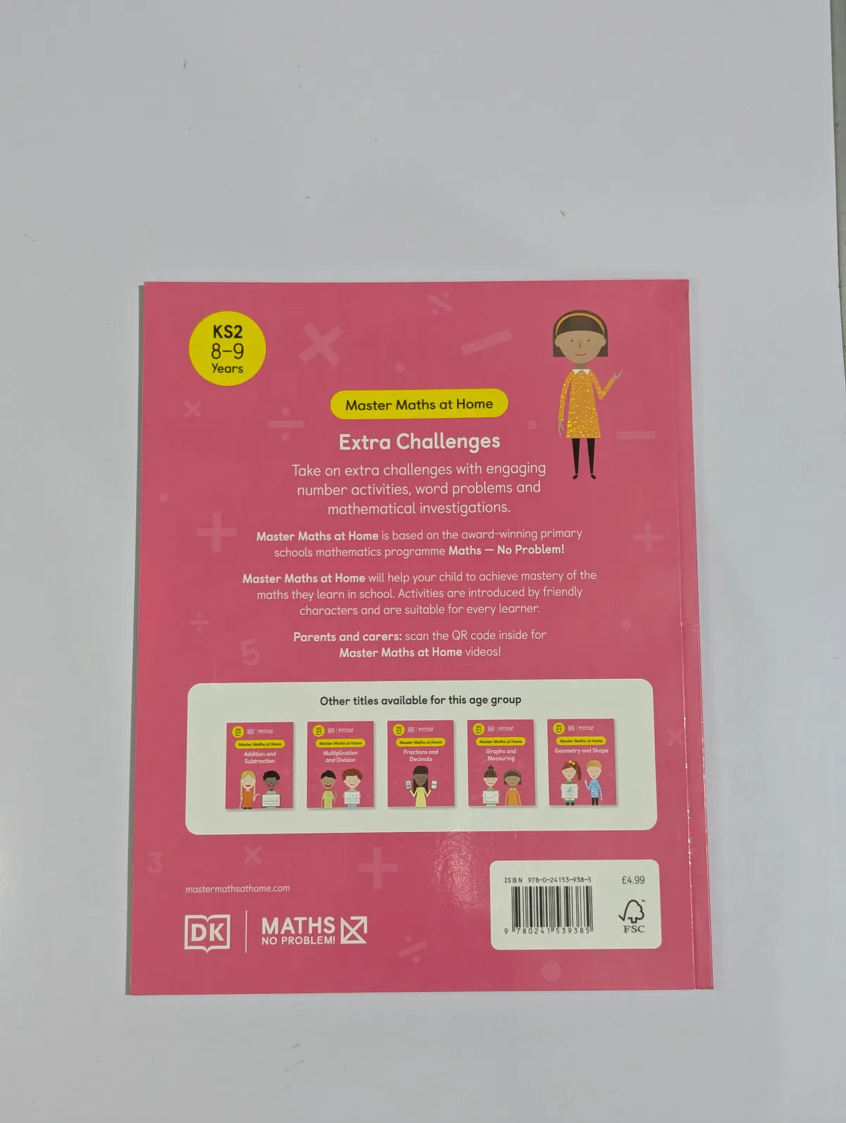 Back cover of a book with pink background and text, featuring a child in a yellow dress and DK Maths logo.