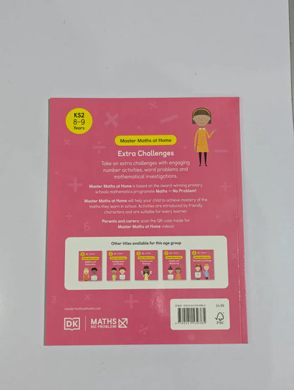 Back cover of a book with pink background and text, featuring a child in a yellow dress and DK Maths logo.
