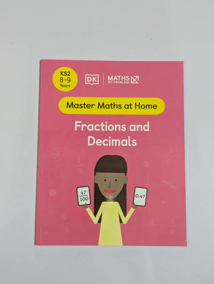 Book titled 'Master Maths at Home: Fractions and Decimals' by DK on a gray background