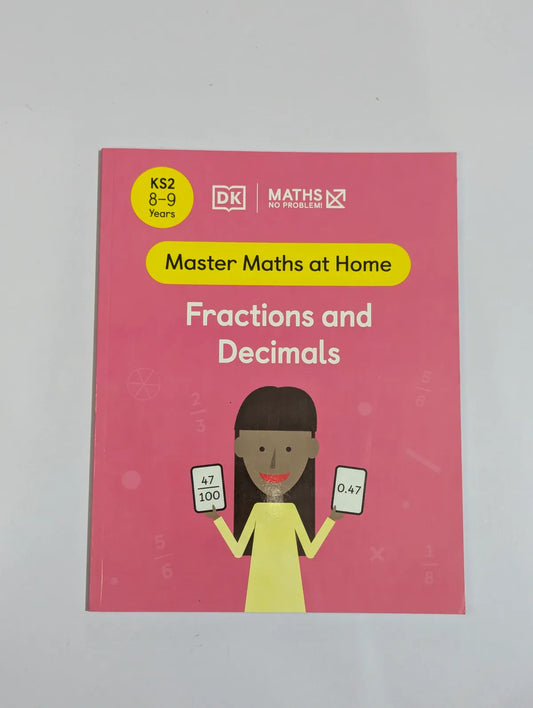 Book titled 'Master Maths at Home: Fractions and Decimals' by DK on a gray background