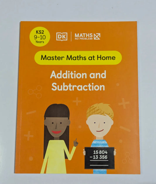 Book titled 'Master Maths at Home: Addition and Subtraction' for ages 9-10 on an orange background