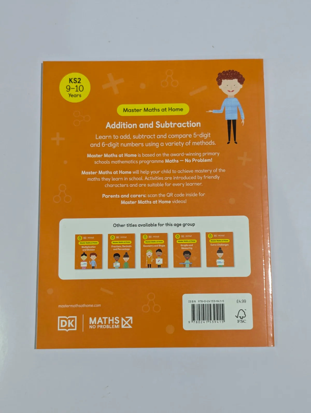 Book cover of 'Master Maths at Home' for addition and subtraction with DK logo on a gray background