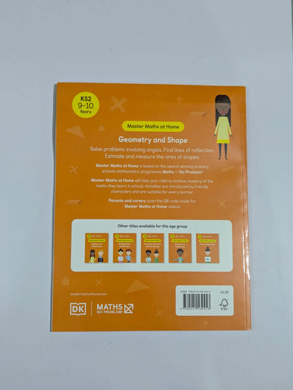 Back cover of a educational book on geometry and shapes with a child illustration and text.