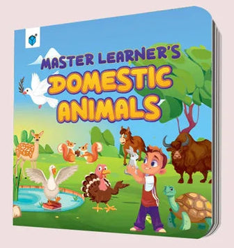 Children's book titled 'Master Learner's Domestic Animals' with colorful illustrations on a light pink background.