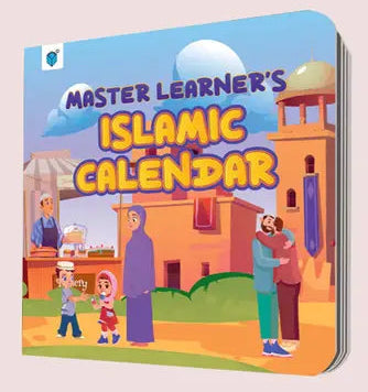Children's book titled 'Master Learner's Islamic Calendar' on a light pink background