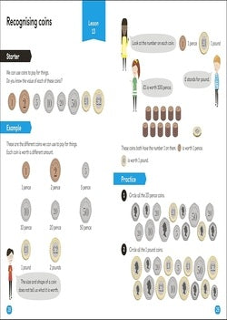 Educational game interface for recognizing coins with images and text.