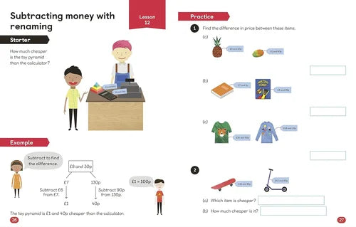 Educational math worksheet on subtracting money with renaming, featuring illustrations of a boy and girl at a desk.