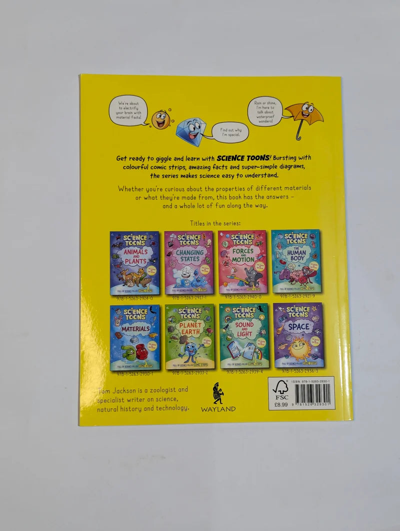 Back cover of a children's book series with colorful illustrations and text on a yellow background.