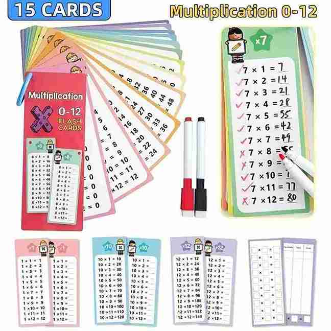 Set of multiplication flashcards with a marker and dry erase board