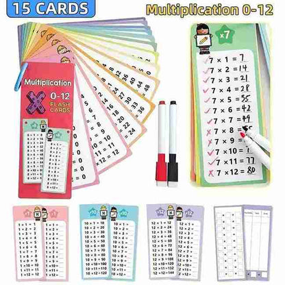 Set of multiplication flashcards with a marker and dry erase board