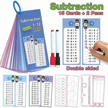 Subtraction flash cards with two pens on a white background